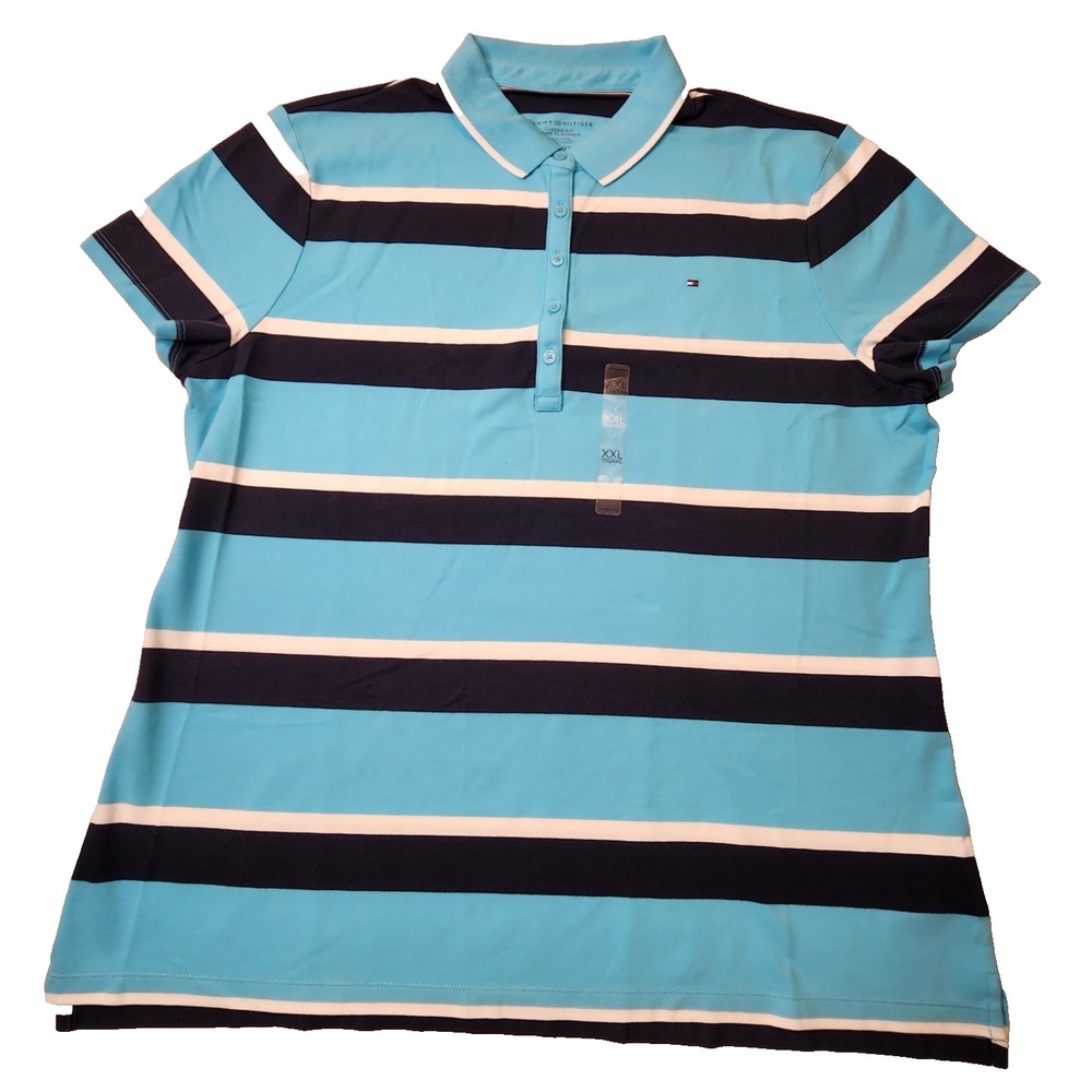 Tommy Hilfiger Women Polo Shirt Striped Classic Fit Short Sleeve Blue/Black XXL